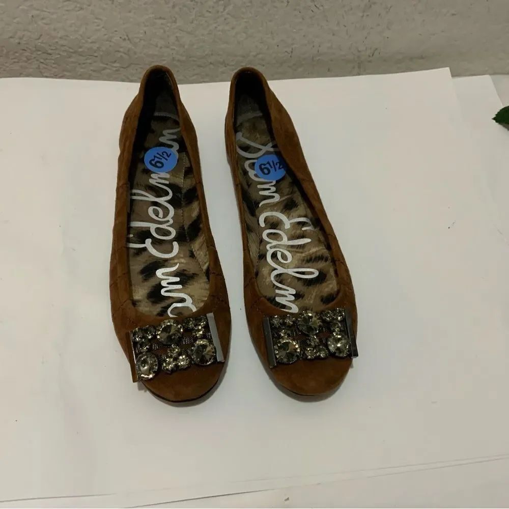 Sam Edelman Women's Ballet Flat Size 6.5 Brown Leather Slip On Shoe Beaded